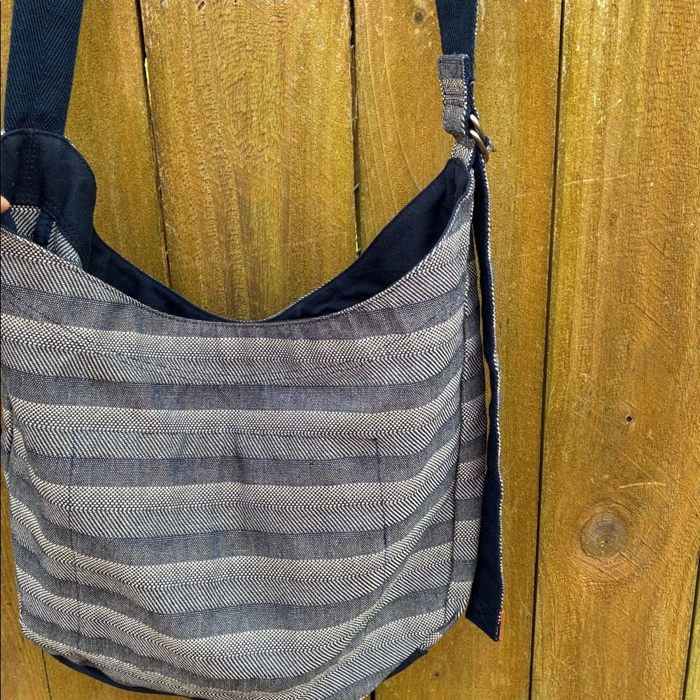 Retro Metro Striped white and Blue Shoulder Bag by Thirty-one.